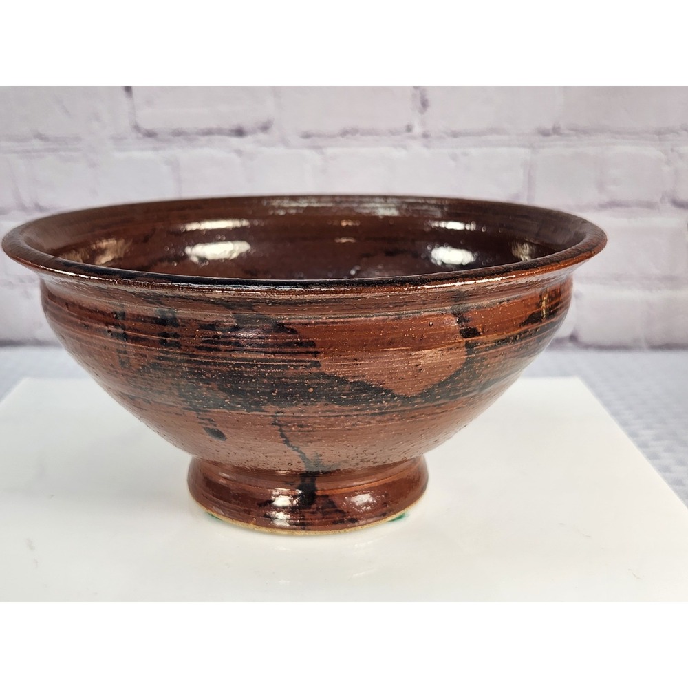 Vintage MCM Studio Art Pottery Bowl Signed GAREY Brown Tenmoku Glaze Footed 1970